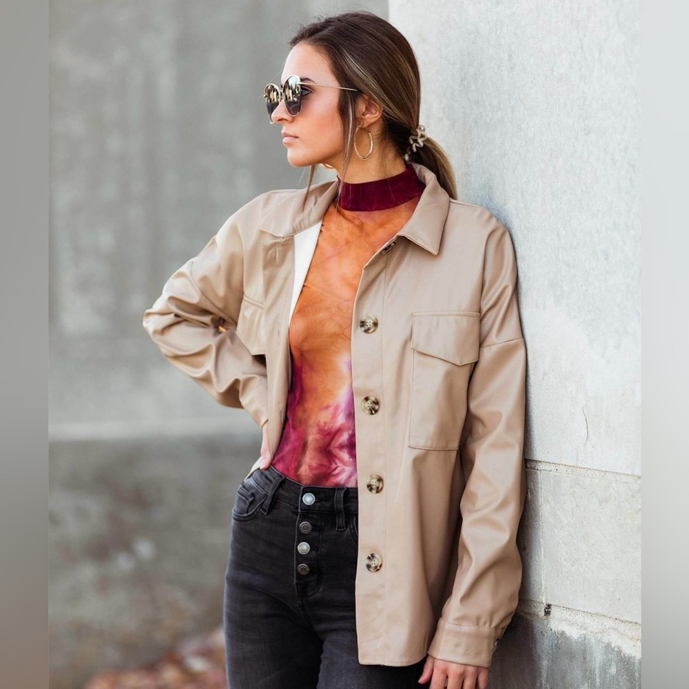 HYFVE Tan Faux Leather Button-Up Shacket for Women